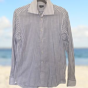 Pennesi Italian White Blue Striped Shirt Cotton/Flax Linen Blend